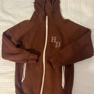 Brown Zip-Up Hoodie with Embroidered Initials